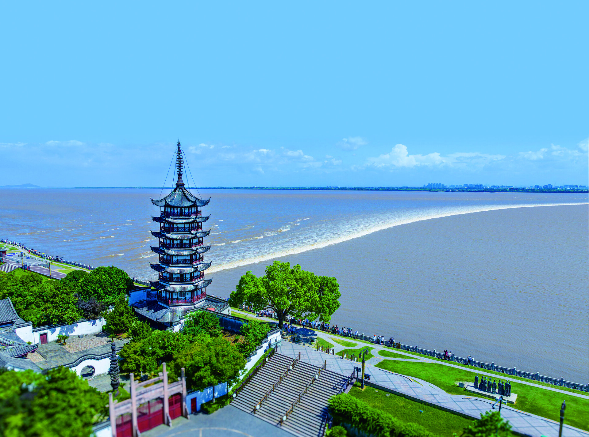The Tidal Bore Viewing Park, where visitors watch the famous Qiantang River tidal wave.
