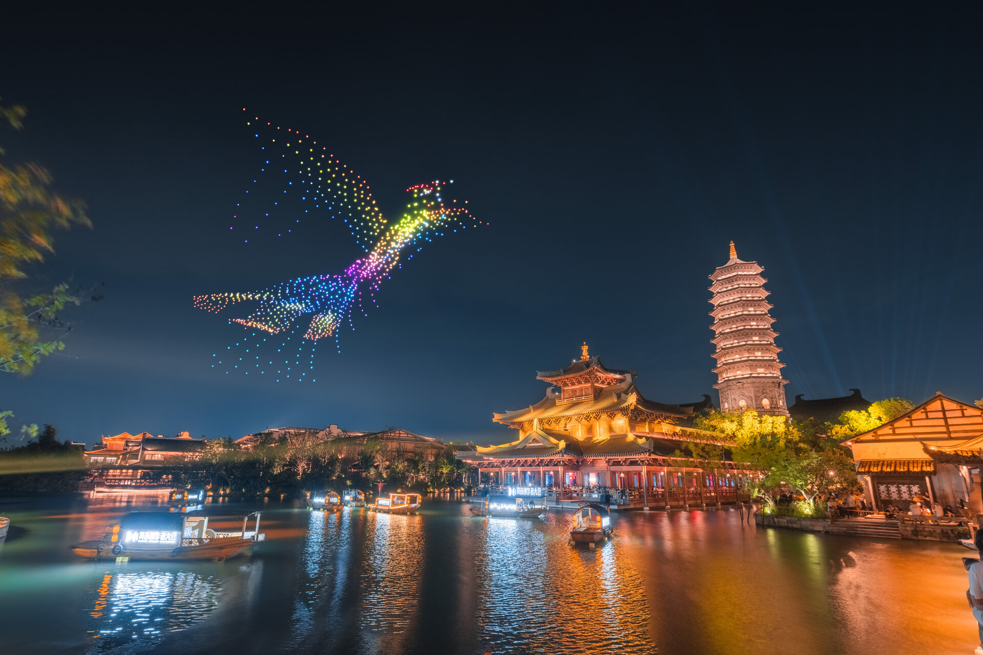 Stunning phoenix drone light show staged at Puyuan for Douyin Creator Summit at night.