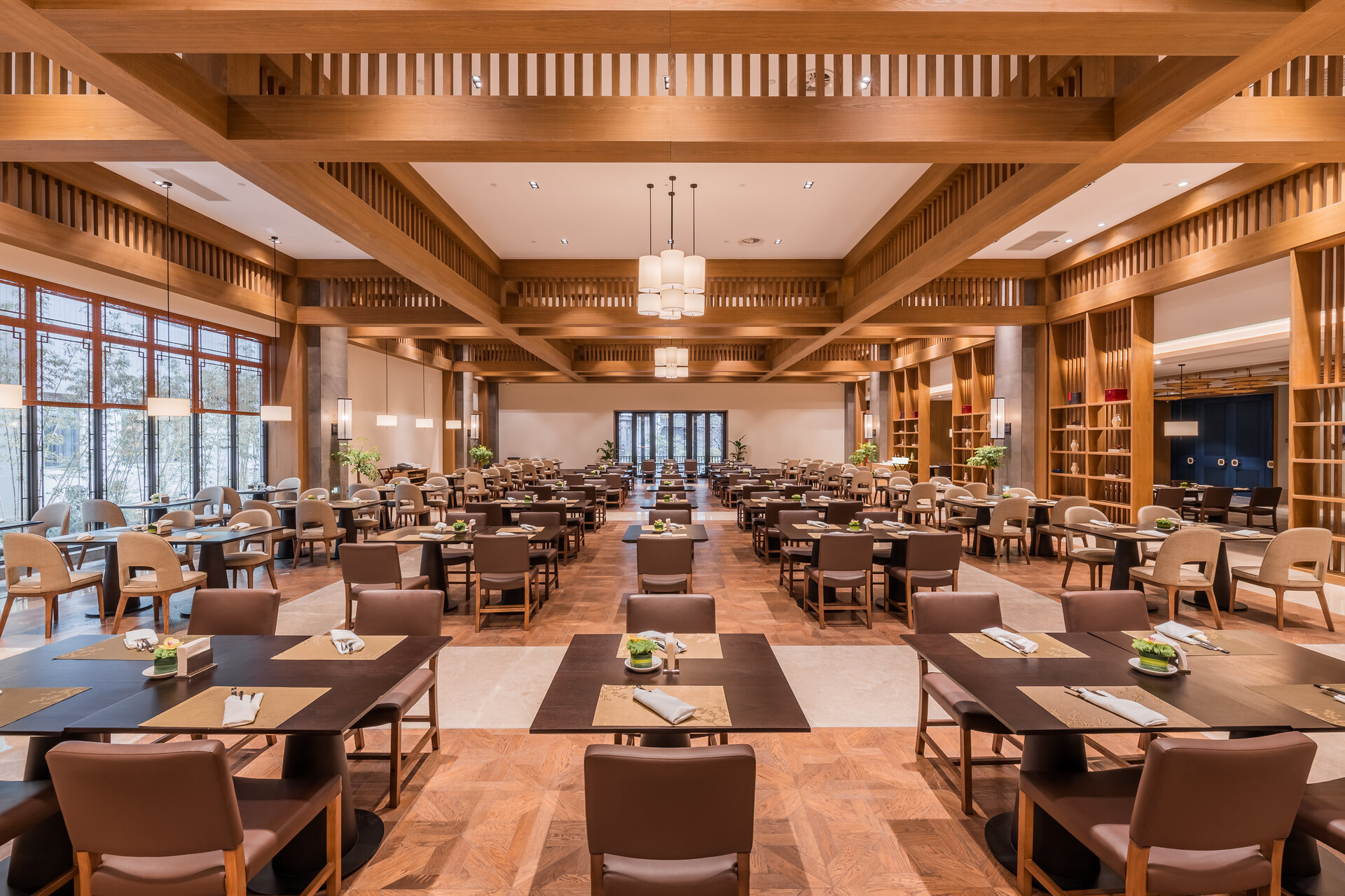 The hotel buffet restaurant offers a wide selection of dishes in a bright dining space.