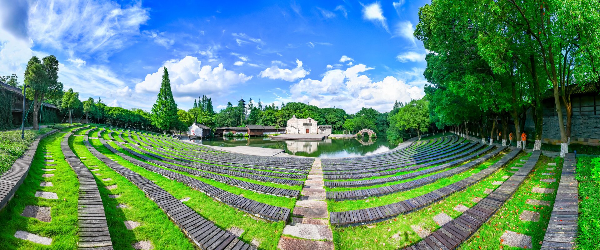 Layered terraces beside wuzhen outdoor water theatre.