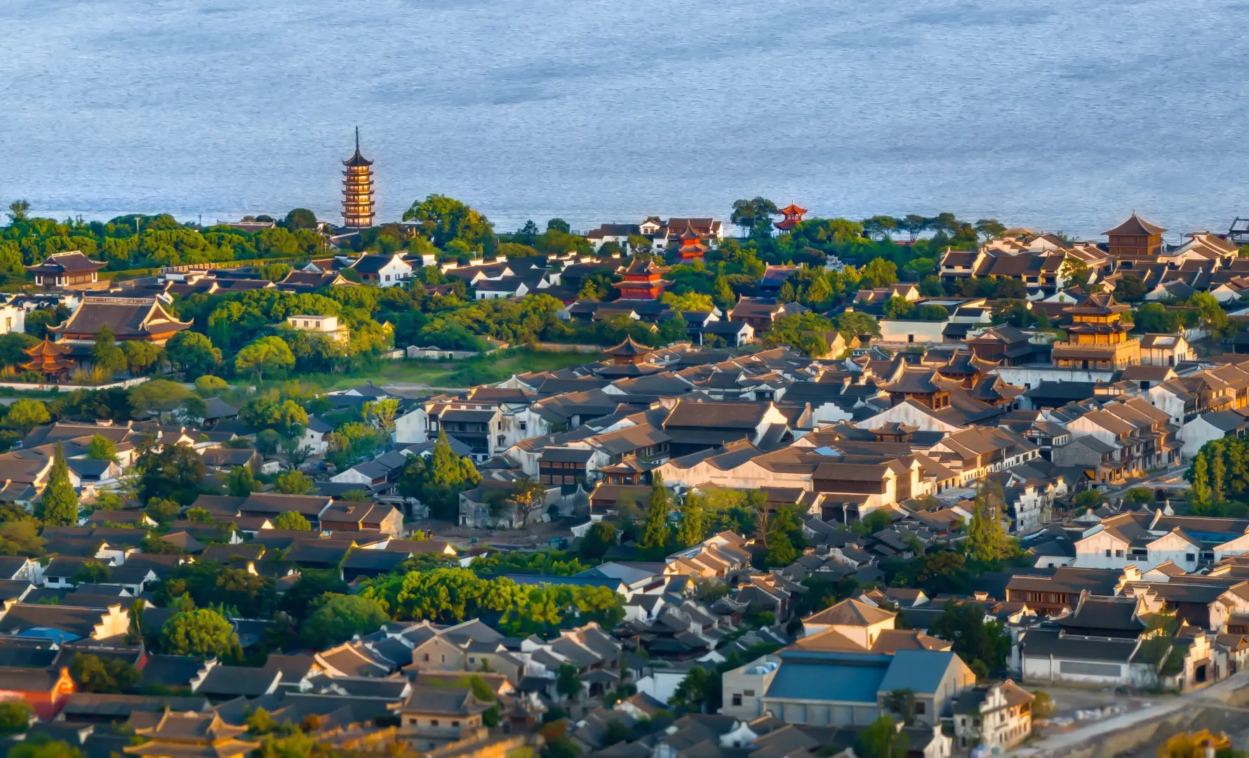 Overlook of Yanguan ancient town beside Qiantang River.