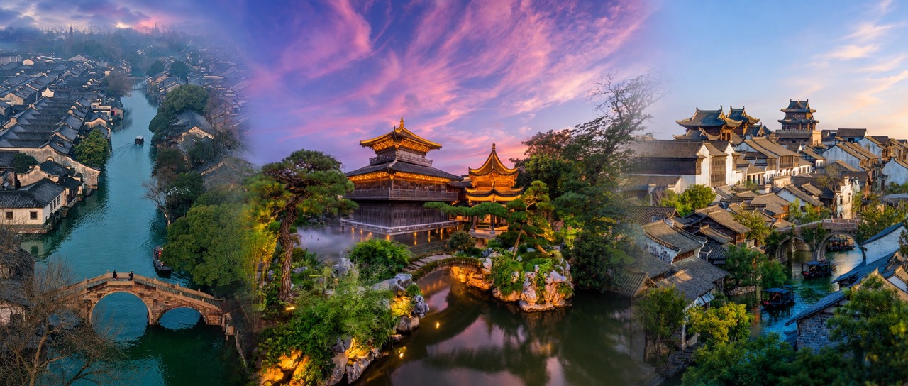 Panoramic hero image of Wuzhen, Puyuan, and Yanguan—water town canals, elegant heritage gardens, and a lively riverside music scene—blended with soft gradients at sunset.