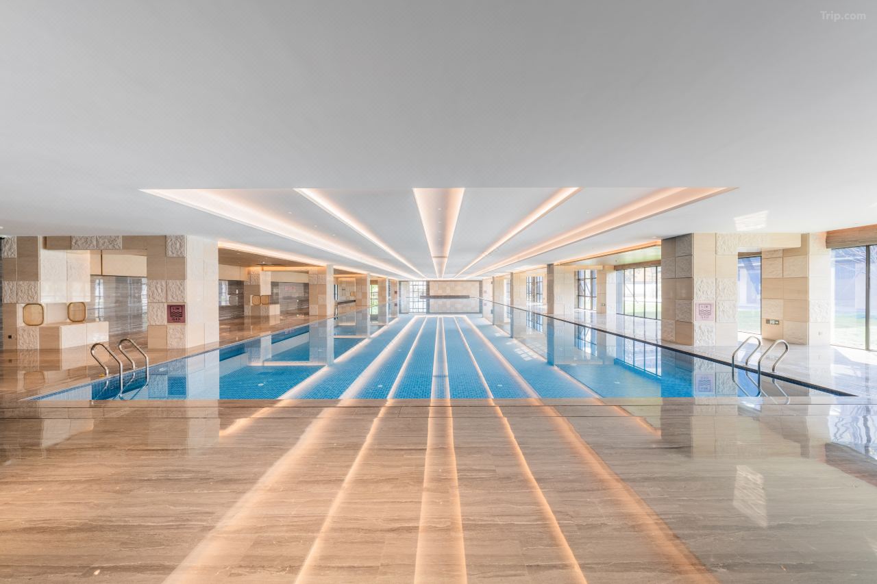 Spacious minimalist indoor pool with blue mosaic lanes, linear ceiling light strips and polished marble flooring.