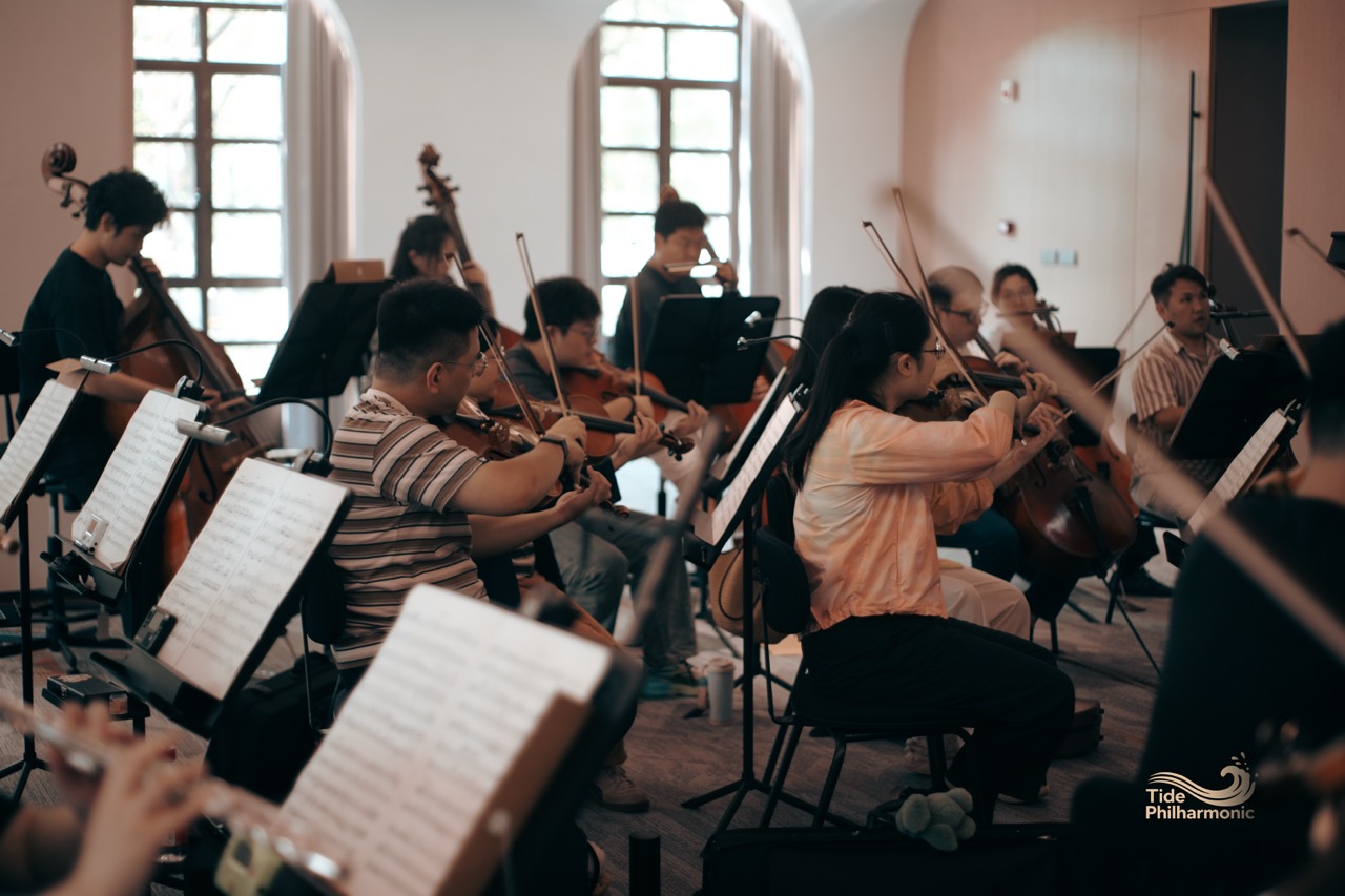Candid shot of string section rehearsing with sheet music stands, natural light from arched windows.