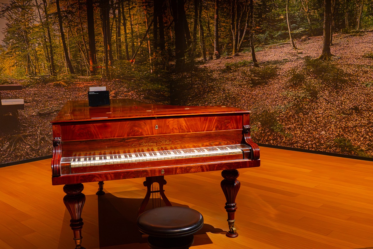 Polished antique mahogany grand piano placed against autumn forest printed backdrop on wooden floor.